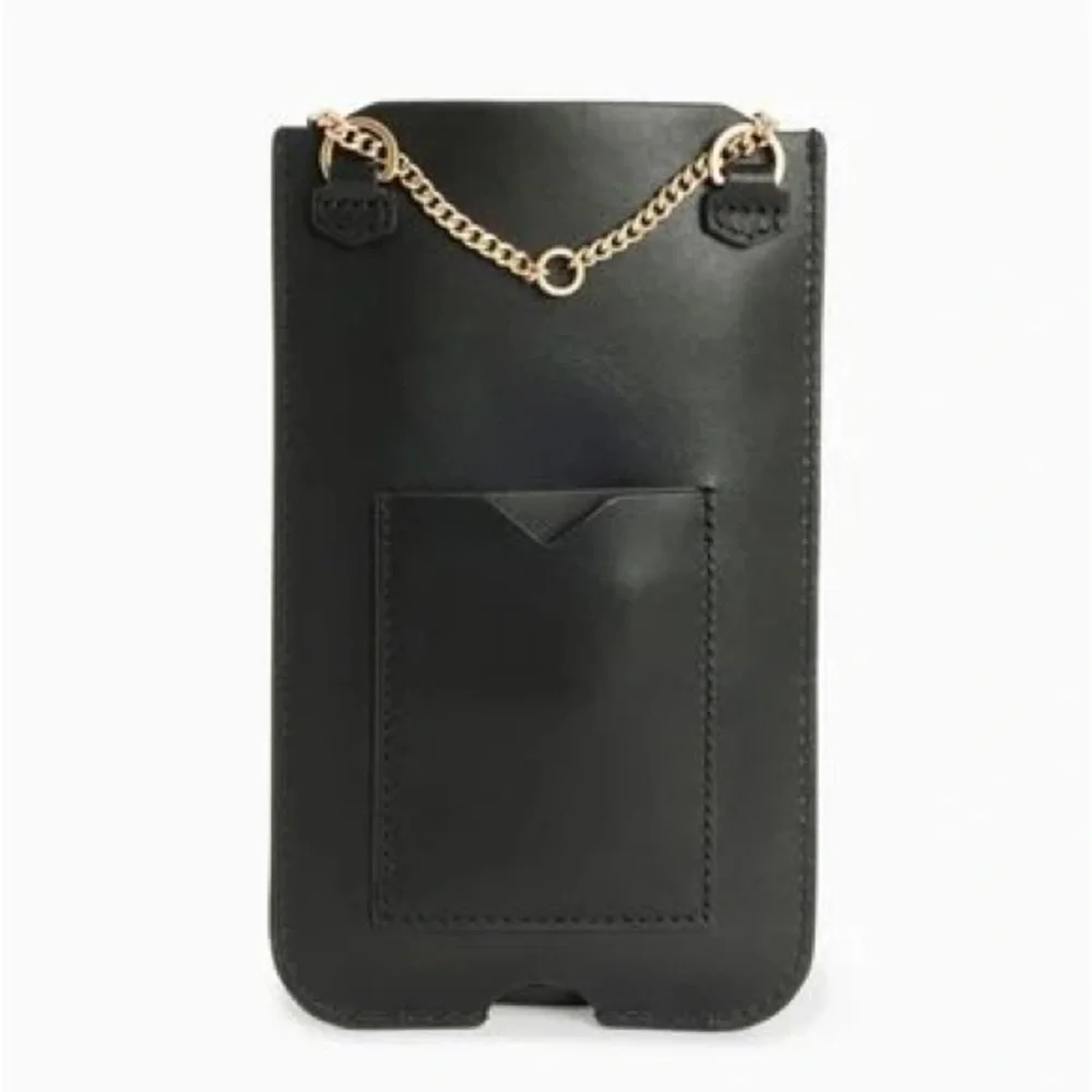All Saints Black Leather Crossbody Phone Pouch with Gold Chain